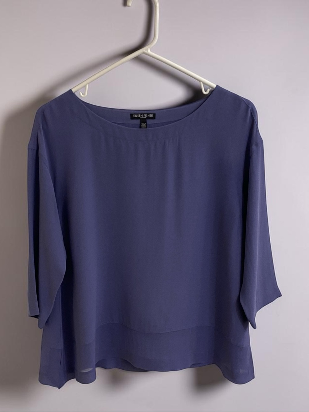 EILEEN FISHER 100% SILK PURPLE FLOWY BLOUSE 3/4 LENGTH SLEEVES SIZE SMALL PETITE